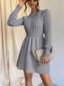 Cloudara Solid Color Knitted Sweater Dress - Grey - View 4