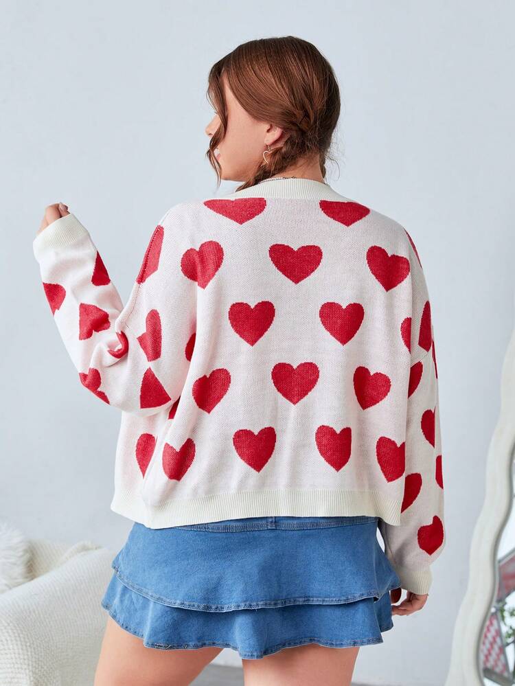Plus Size Upward Button Heart Patterned Cardigan/Valentine's Day