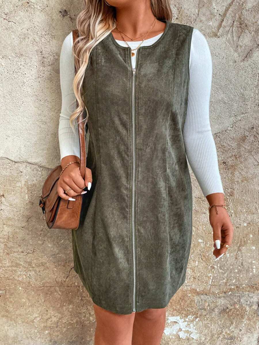 SHEIN LUNE Plus Size Sleeveless Zipper Up Shift Dress - Army Green - View 1