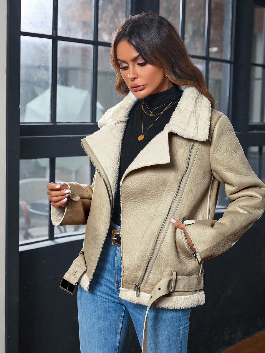 SHEIN Essnce 男/女款摩托車夾克,pu外層,內裡用於保暖的衬里 - 白色 - 查看 1