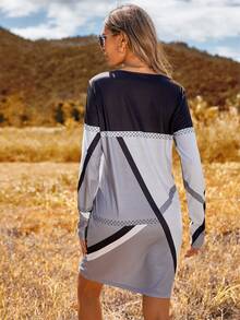 SHEIN LUNE Geometric Print Round Neck Long Sleeve Casual Dress - Multicolor - View 2