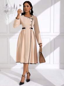 SHEIN Unity Women's Hemmed Pleated Long-Sleeve Dress Fall Cloth For Women - Apricot - View 6