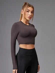 SHEIN Yoga Basic Solid Color Long Sleeve Round Neck Short Sports T-Shirt - Coffee Brown - View 4