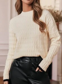 SHEIN Frenchy Black And White Contrasting Drop-Shoulder Cable-Knit Sweater