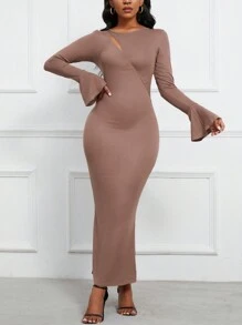 Zolique Solid Color Bell-sleeve Bodycon Dress - Coffee Brown - View 4
