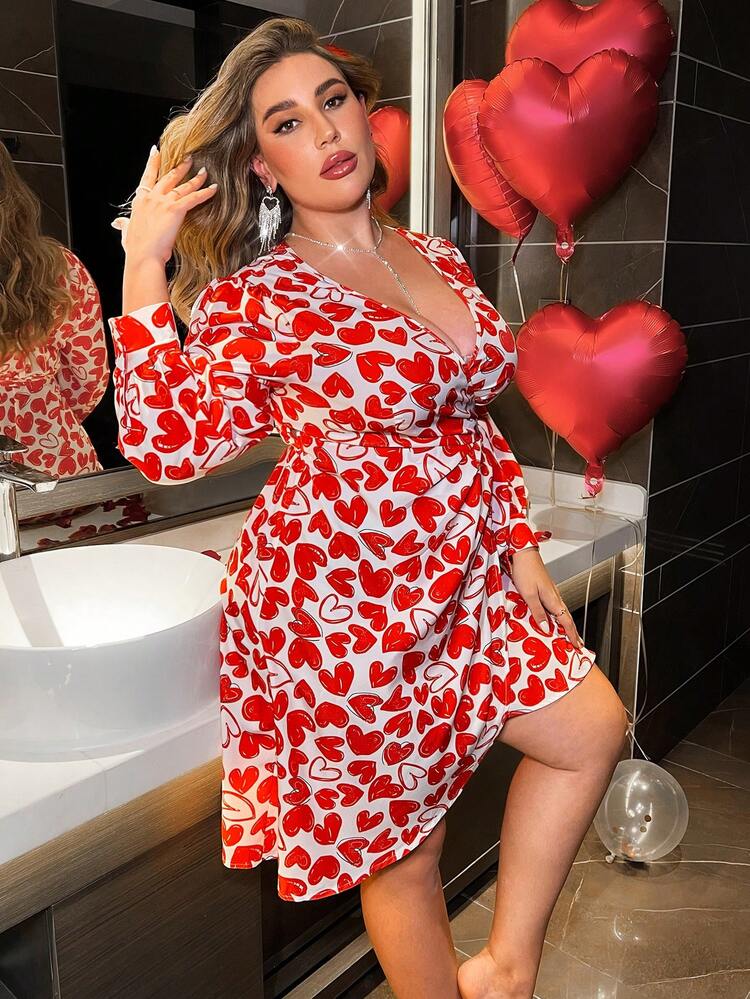 Valentine's Day Heart Print Wrap Plus Size Dress