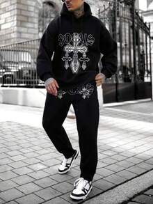 Manfinity LEGND Nam Lỏng lẻo phù hợp Áo nỉ có mũ Và Quần Chạy bộ Bộ Với Lá thư Và Vượt qua In - màu đen - Xem 3