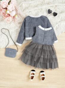 SHEIN Em bé Cô gái Áo khoác áo , Đầm Và Bộ túi - Màu xám đen - Xem 2