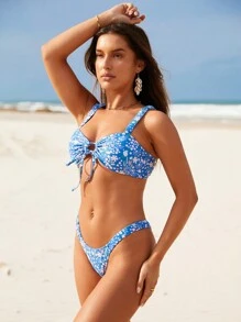 SHEIN Swim 夏日海滩碎花抽绳比基尼套装 - 彩色 - 查看 1