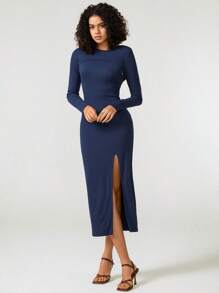 Cacao Bloom 设计师女士纯色开叉露背背心连衣裙，搭配短款上衣，适合度假、外出、节日 - 寶藍色 - 查看 3