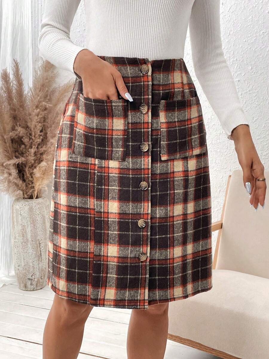 SHEIN LUNE Plaid Skirt With Patch Pockets - Multicolor - View 1