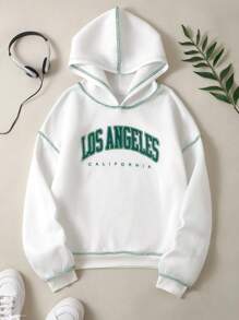 EMERY ROSE Letter Print Top Stitch Drop Shoulder Hoodie Pullover Fall Sweatshirt - White - View 1