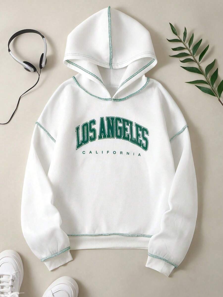 EMERY ROSE Letter Print Top Stitch Drop Shoulder Hoodie Pullover Fall Sweatshirt - White - View 1