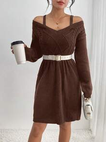 SHEIN Privé Của phụ nữ Cable Dệt kim Off Shoulder Đầm Áo len - Màu nâu Sô-cô-la - Xem 3