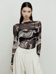 艺术印花透视修身弹力长袖上衣 - 黑與白 - 查看 8