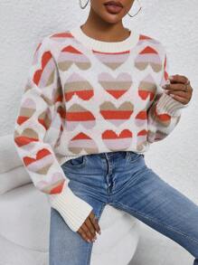 SHEIN LUNE Heart Pattern Drop Shoulder Knit Pullover Fall Winter Sweater - Multicolor - View 1