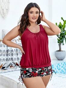 Swim Lushoire Plus Size Summer Beach Floral Print Tankini Swimwear - Multicolor - View 5
