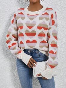 SHEIN LUNE Heart Pattern Drop Shoulder Knit Pullover Fall Winter Sweater - Multicolor - View 3