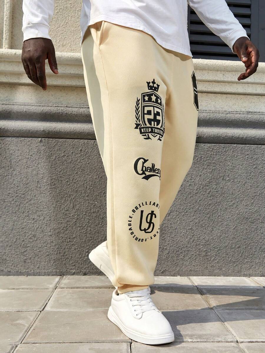 Manfinity Roughcore 男士大尺碼寬鬆休閒汗褲,有印花字母圖案 - 杏色 - 查看 1