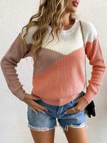 AAmilife Round Neck Long Sleeve Color Block Drop Shoulder Sweater - Pink - View 4