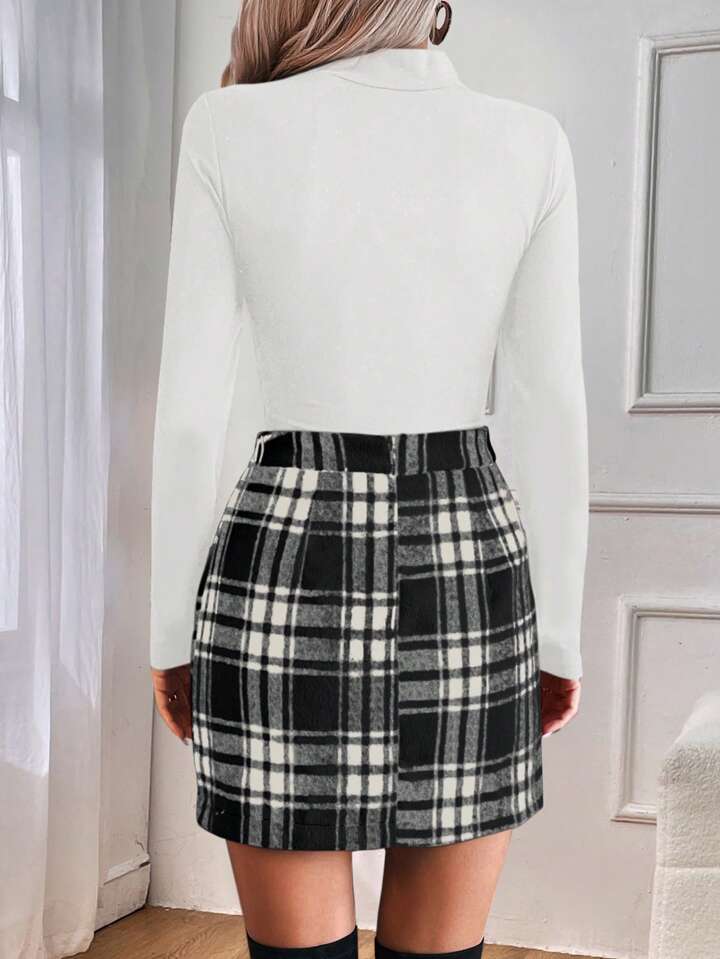 SHEIN LUNE High Neck Top Plaid Midi Skirt Set SHEIN