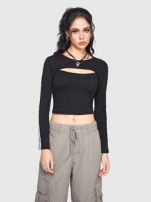 ROMWE Street Life Sporty Style Tight Cropped T-shirt With Hollow Out Collar, Stripe & Side Design - Black - View 5
