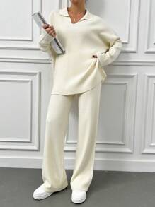 EURMUSE 2 Unids/set Suéter Con Cuello Vuelto De Color Sólido Y Traje De Pantalones Largos - Beis - Ver 5