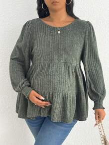 SHEIN Thai sản Hơn Tay áo lồng đèn Xù Hoa Sen Áo - Màu xanh lá cây đậm - Xem 1