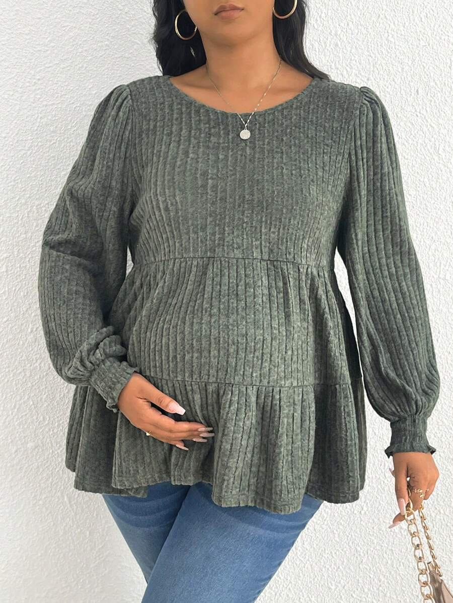 SHEIN Thai sản Hơn Tay áo lồng đèn Xù Hoa Sen Áo - Màu xanh lá cây đậm - Xem 1