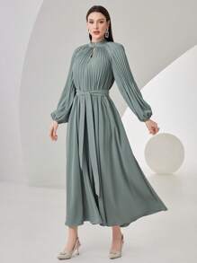 Modelyn Women's Raglan Long Sleeve Pleated Belted Dress - Green - View 5