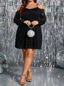 SHEIN LUNE Váy lấp lánh hở vai cỡ lớn - màu đen - Xem 6