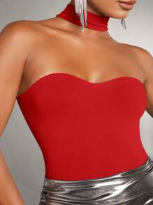 SHEIN BAE 純色掛脖連身衣 - 紅色 - 查看 6