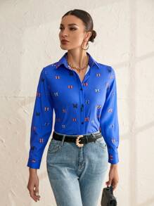 GENKIRA Butterfly Pattern Printed Long Sleeve Shirt - Blue - View 4