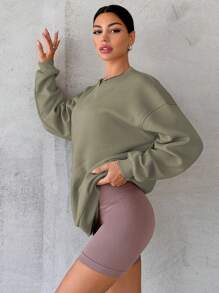 EURMUSE V-neck Dropped Shoulder Sleeves Thermal Lined Sweatshirt - Army Green - View 3