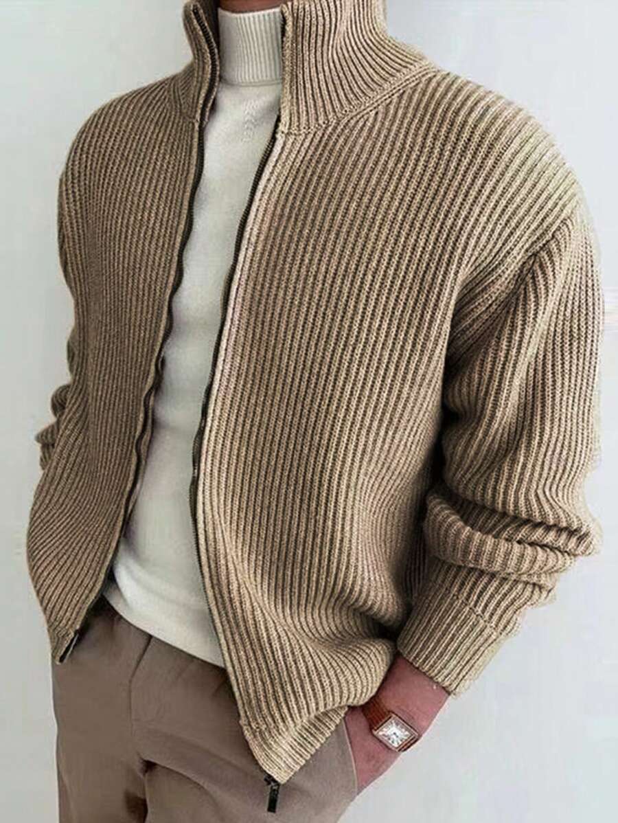 Manfinity Homme Nam Màu thuần Dây kéo Áo cao cổ Dệt kim Áo len Mở - Màu Khaki - Xem 1