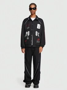 ROMWE MEN Prep 男士字母印花翻領外套 - 黑色 - 查看 6