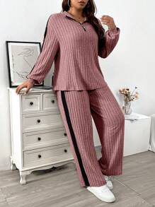 Calvaya Plus Size Contrast Color Ribbed Knit Two Piece Set - Baby Pink - View 4