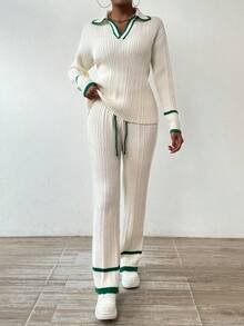 SHEIN Essnce Sọc Nối Lỏng lẻo Áo len 2 cái/bộ - Màu be - Xem 4