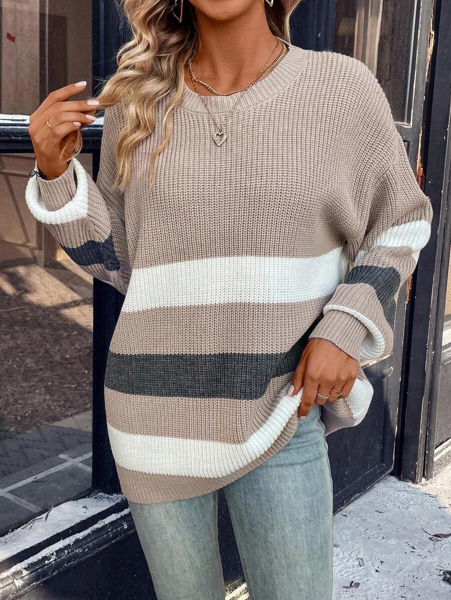 SHEIN Essnce Contrast Color Crew Neck Casual Sweater