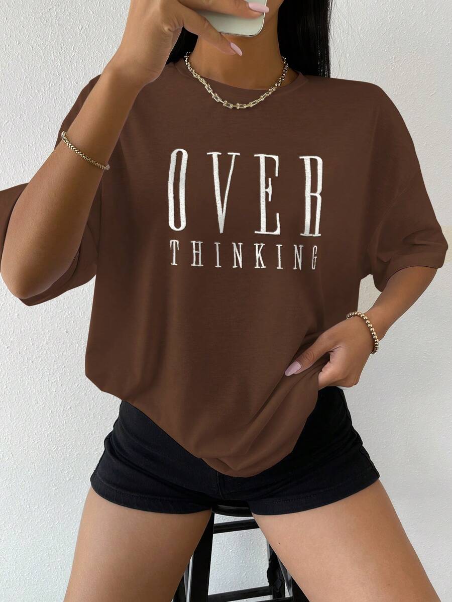 Flirla Drop Shoulder Letter Embroidery Top Graphic Tees Women Tops - Coffee Brown - View 1