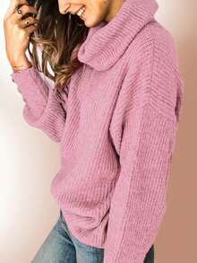 Women's Loose High Neck Sweater, Casual & Formal Ribbed Knit Long Sleeve Pullover, Button Design, Dry Rose Pattern - Baby Pink - View 8