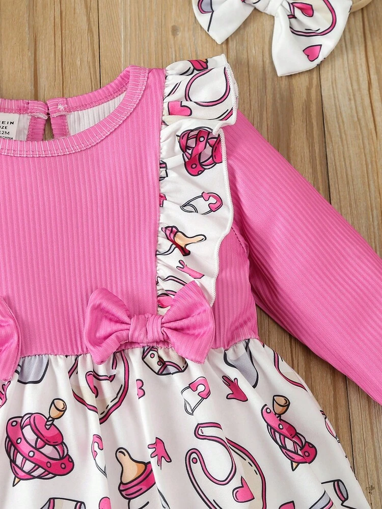 Baby Girls' Bodysuit With Bow Decoration And Ruffle Trim