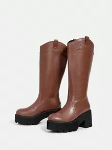 SheIn ICON Casual Women'S Reddish Brown High Heel Knee-High Boots With Back Zipper And Stud Decor