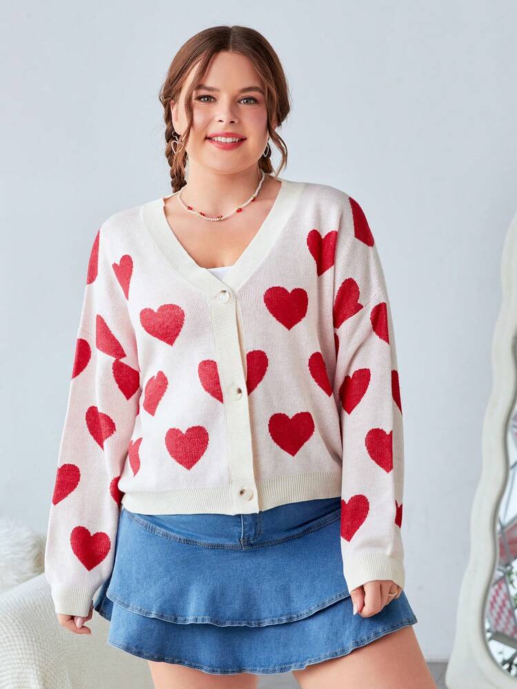 Plus Size Upward Button Heart Patterned Cardigan/Valentine's Day
