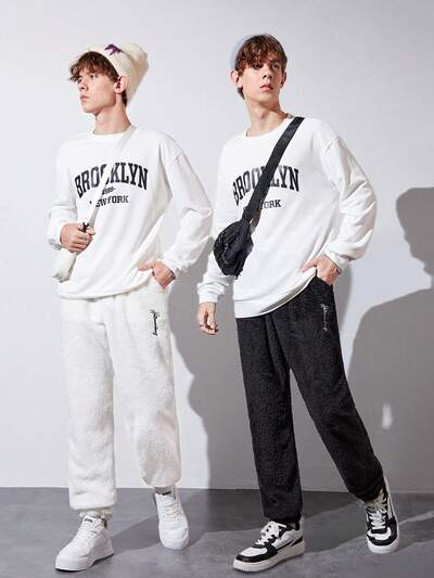 Teen Boy 2pcs Letter Graphic Elastic Waist Teddy Pants
