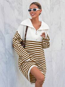 EURMUSE 半拉鍊條紋毛衣連身裙 - 駝色 - 查看 1