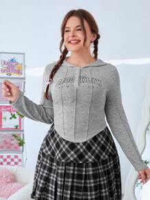 SHEIN EZwear Plus Size Women's Letter Printed Hooded Long Sleeve T-shirt - Grey - View 1