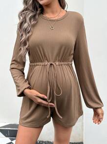 SHEIN 孕妇纯色长袖连体衣，腰部有抽绳，适合孕妇 - 咖啡棕 - 查看 5