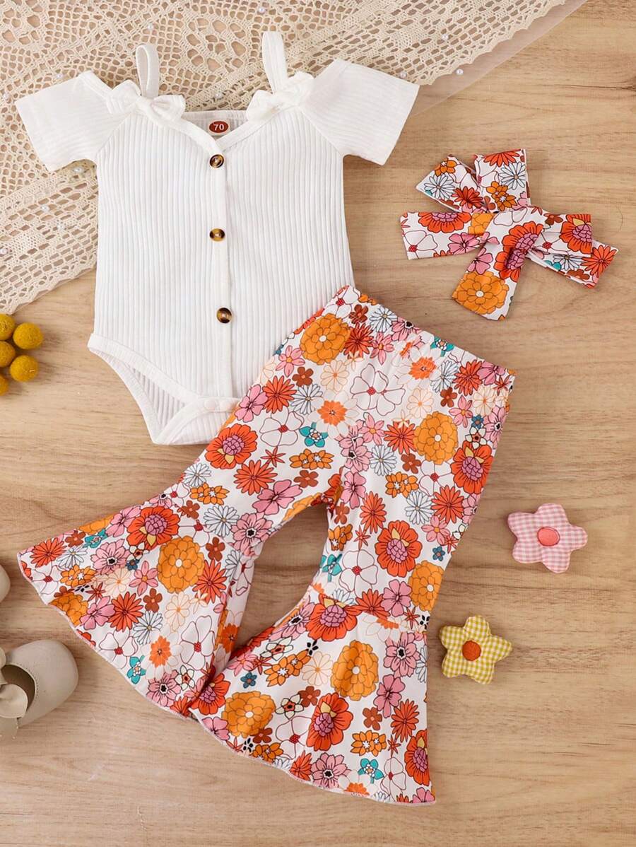 3 pièces/Set Combinaison bébé nouveau-né mignon avec décoration en nœud, pantalon évasé à imprimé floral et ensemble de bandeau