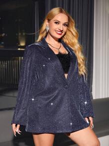 SHEIN Privé Plus Size Slim Fit Blazer With A Shiny Button - Teal Blue - View 3